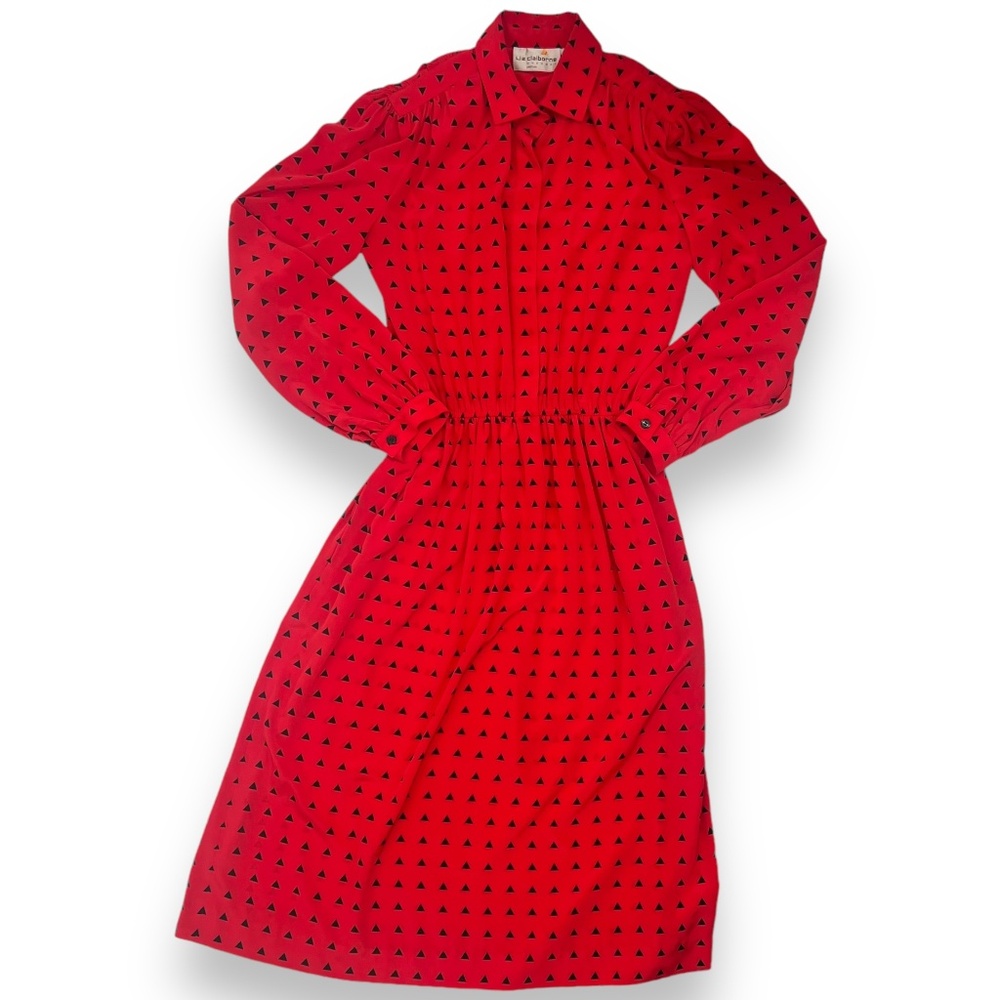 Vintage Liz Clairborne Triangle Print Red Shirt Dress Size 10 Petite